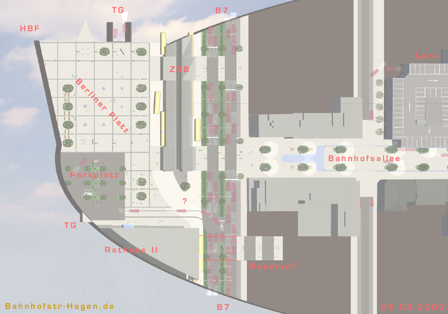 Draufsicht Berliner Platz - Bahnhofsallee tagsüber bei Nebel