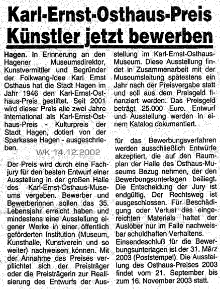 gute Nachrichten im Wochenkurier vom 14.12.2002 - click -weiter zur Ausschreibung ...