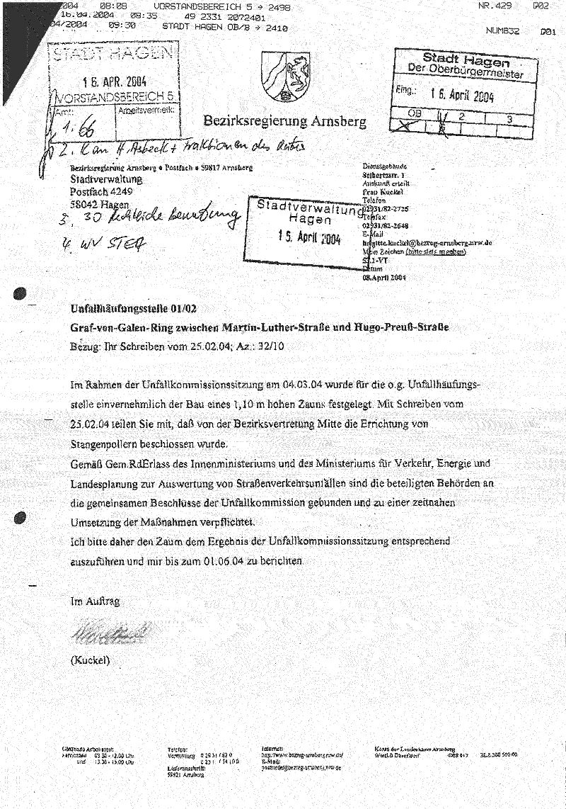 Brief von der Bezirksregierung in Arnsberg vom 15.April.2004 / Frau Brigitte Kuckel